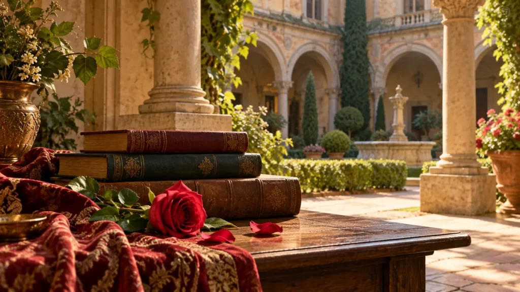 Libros cerrados y una rosa en un patio renacentista imaginado.
