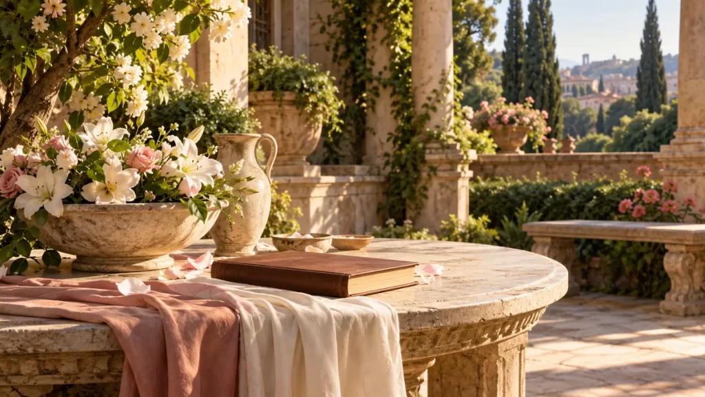 Bona Dea: culto romano, fuentes y límites de lo que sabemos 1 Jardín de inspiración romana con flores, una mesa y un libro cerrado.