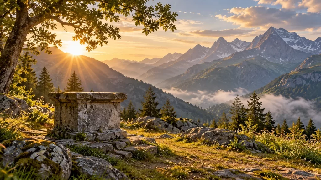 Paisaje montañoso imaginado con una estructura de piedra sin inscripciones.