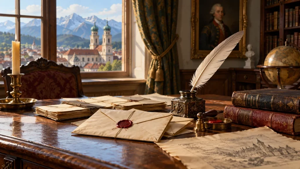 Cartas y libros del siglo XVIII sobre un escritorio junto a una ventana.