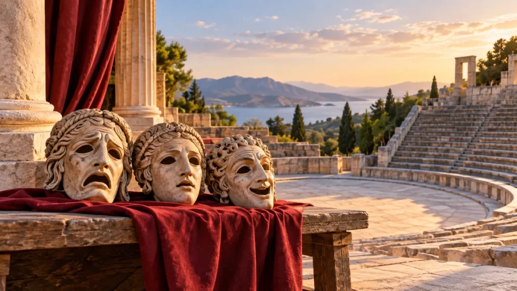 Electra: historia del mito y diferencias entre Esquilo, Sófocles y Eurípides 1 Tres máscaras decorativas sobre una mesa ante un teatro griego imaginado.