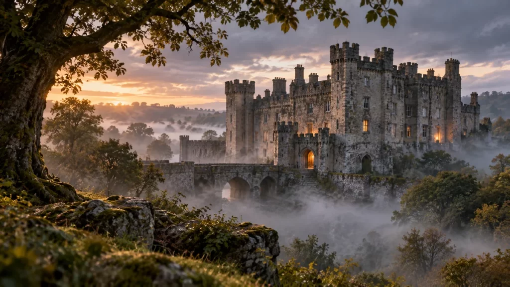 Castillo medieval imaginado entre árboles y niebla.