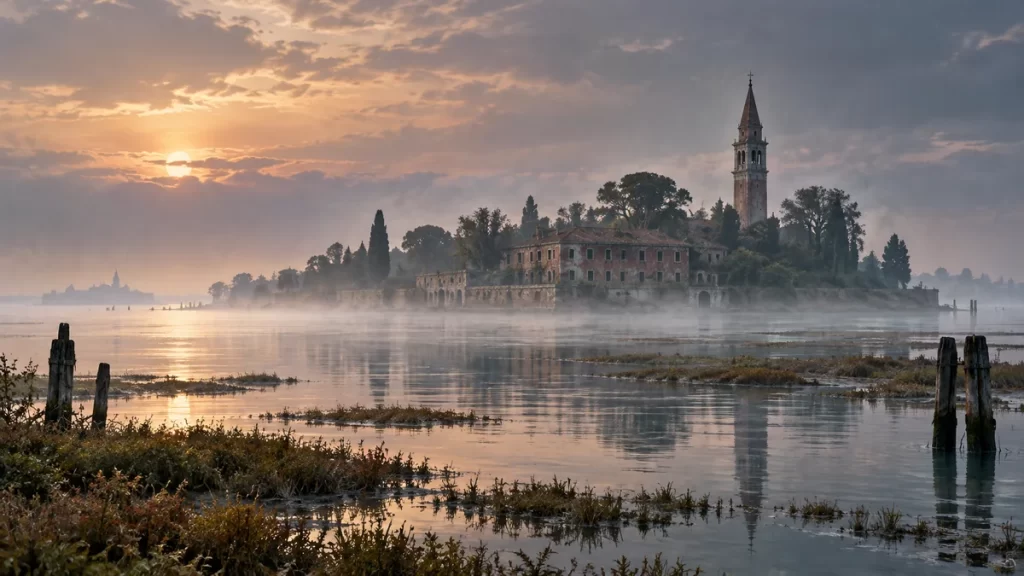 Poveglia: historia de una isla veneciana y los rumores que la rodean 1 Isla veneciana imaginada con edificios antiguos y un campanario entre la niebla.