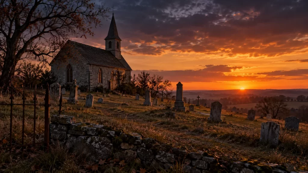 El cementerio de Stull: el origen de su leyenda 1 Evocación imaginada de una antigua iglesia rural y un cementerio al anochecer.