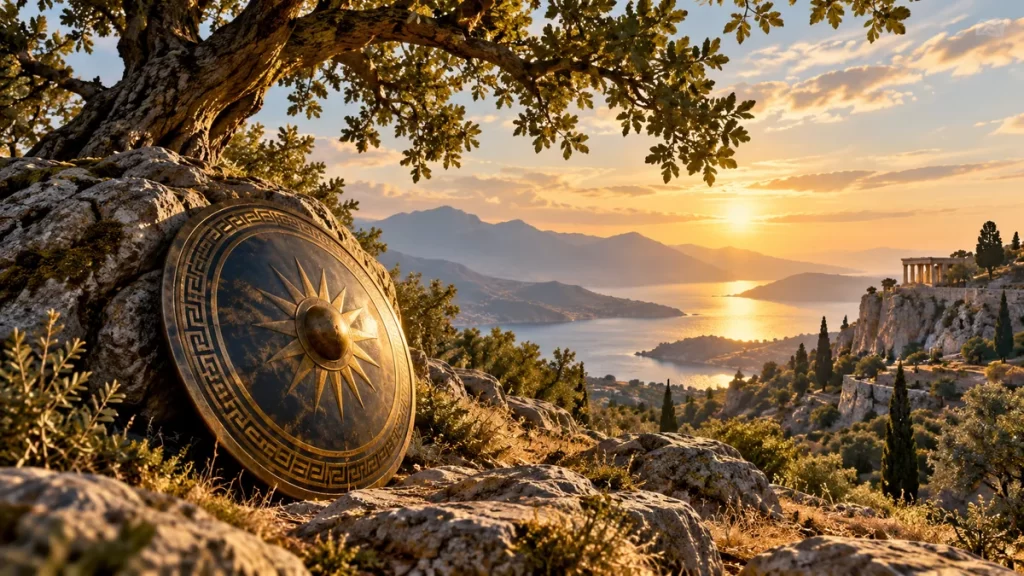 Escudo decorativo y un roble en un paisaje griego imaginado.