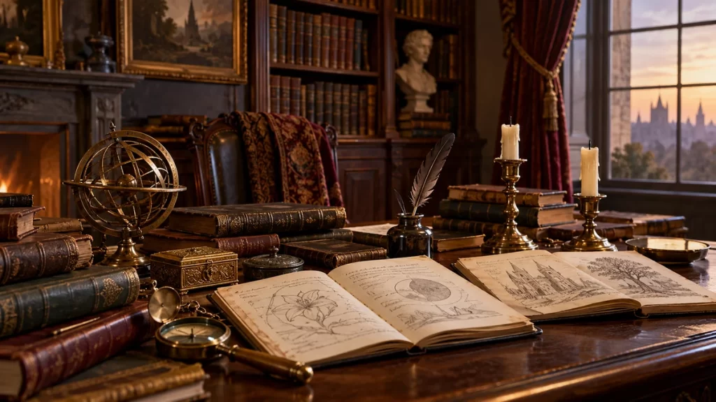 La Orden Hermética del Alba Dorada: historia e influencia literaria 1 Libros, cuadernos, esfera y velas en un estudio de inspiración victoriana.