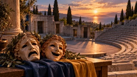 Dos máscaras teatrales sobre telas ante un escenario con graderío de piedra.