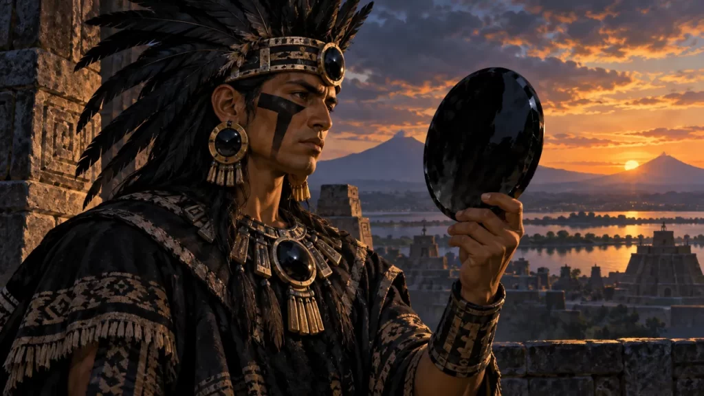 Figura mesoamericana con un espejo oscuro de obsidiana al atardecer.