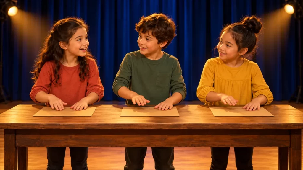 Obra de teatro corta para tres personajes: La tienda de los sonidos 1 Tres personajes infantiles hacen sonidos con las manos sobre cartones en una mesa de escenario.