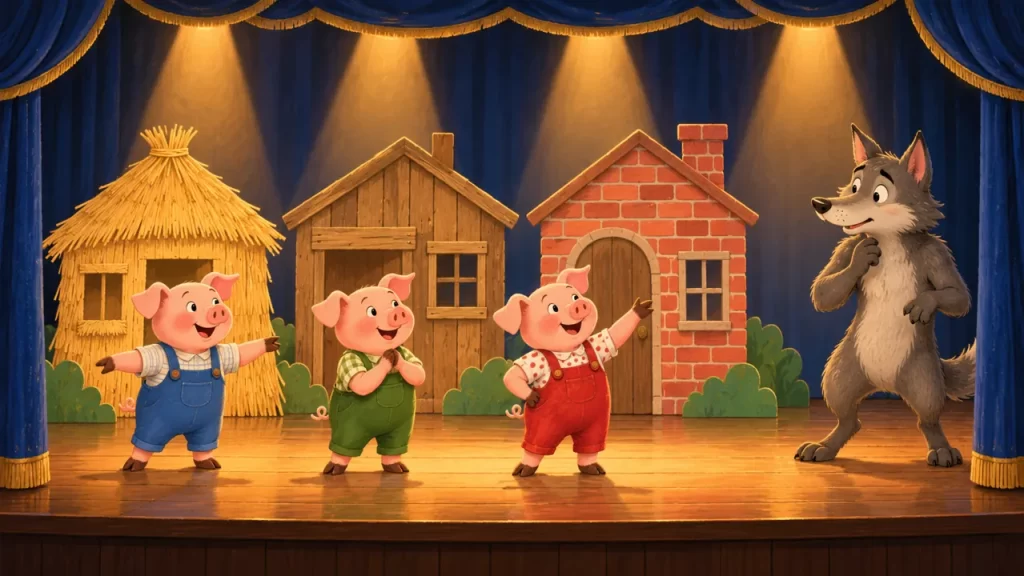 Los tres cerditos: obra de teatro para cuatro personajes 1 Tres cerditos y un lobo frente a tres casas de utilería en un escenario.