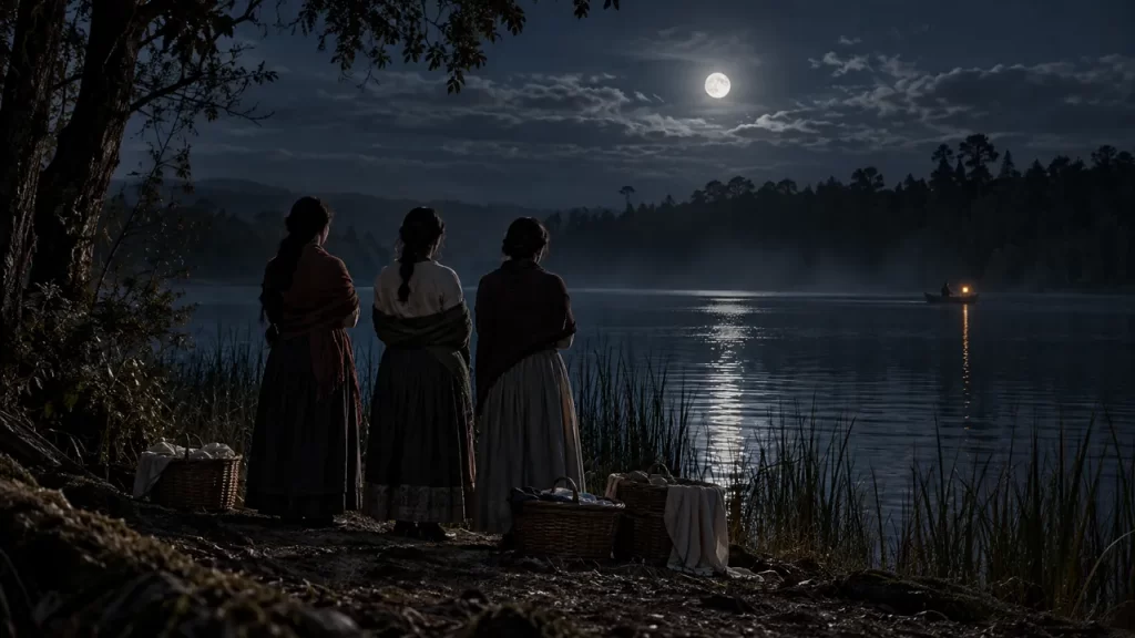 Las tres Pascualas: la leyenda de la laguna de Concepción 1 Tres mujeres con cestos de ropa contemplan una laguna de noche; una barca se distingue a lo lejos.