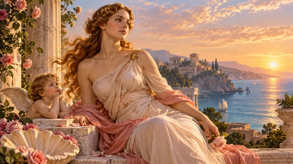 Venus: quién era la diosa romana y cómo se la representaba 1 Venus representada con rosas, una concha y Cupido junto al mar.