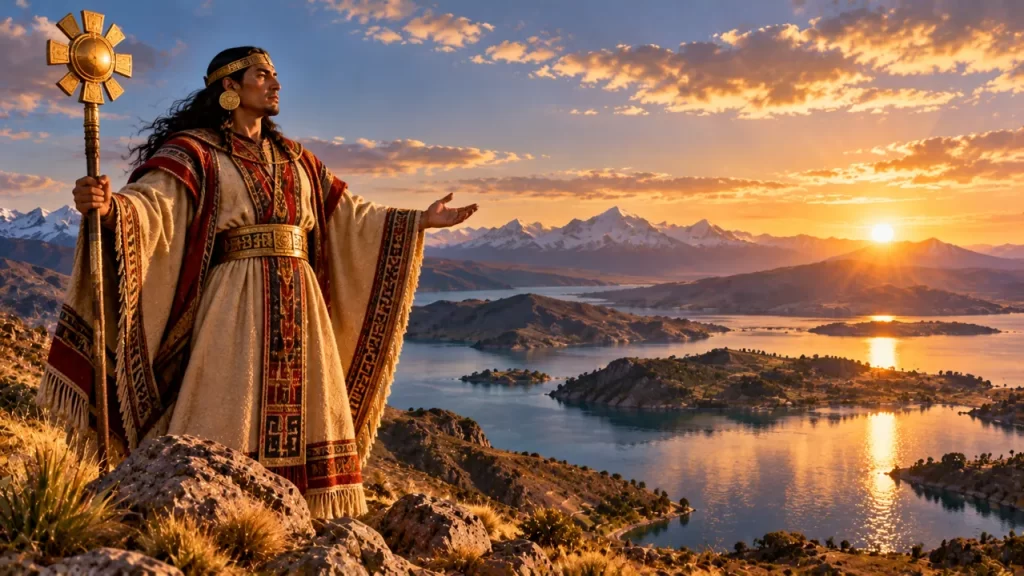 Interpretación de Viracocha con vestimenta andina frente a un lago.