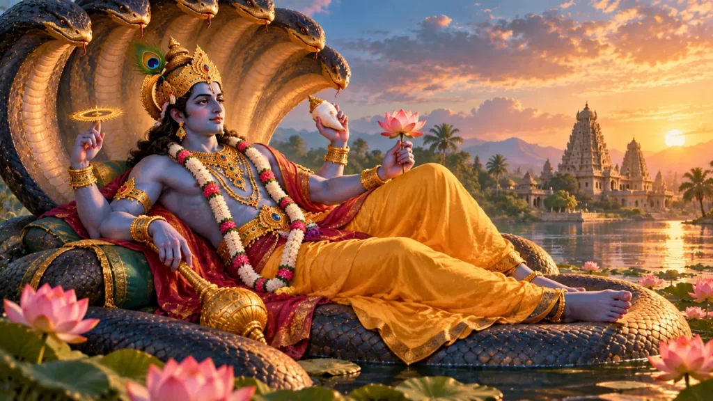 Vishnu: quién es y cómo se lo representa en las tradiciones hindúes 1 Vishnu con cuatro brazos y sus atributos sobre la serpiente cósmica.